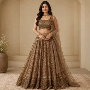Mocha Stardust Embroidered Net Lehenga Set